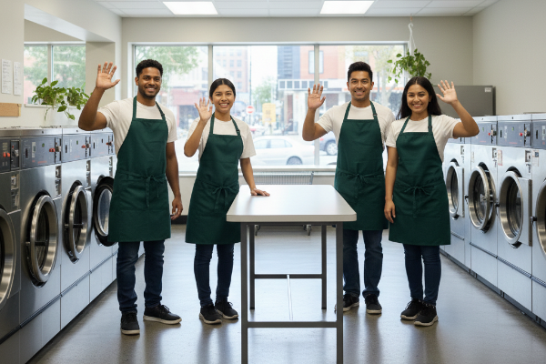 Laundry Attendants In Green Aprons Waving And Smiling 600X400